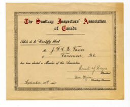 Sanitary Inspectors Association of Canada membership certificate: 21-Sep-25